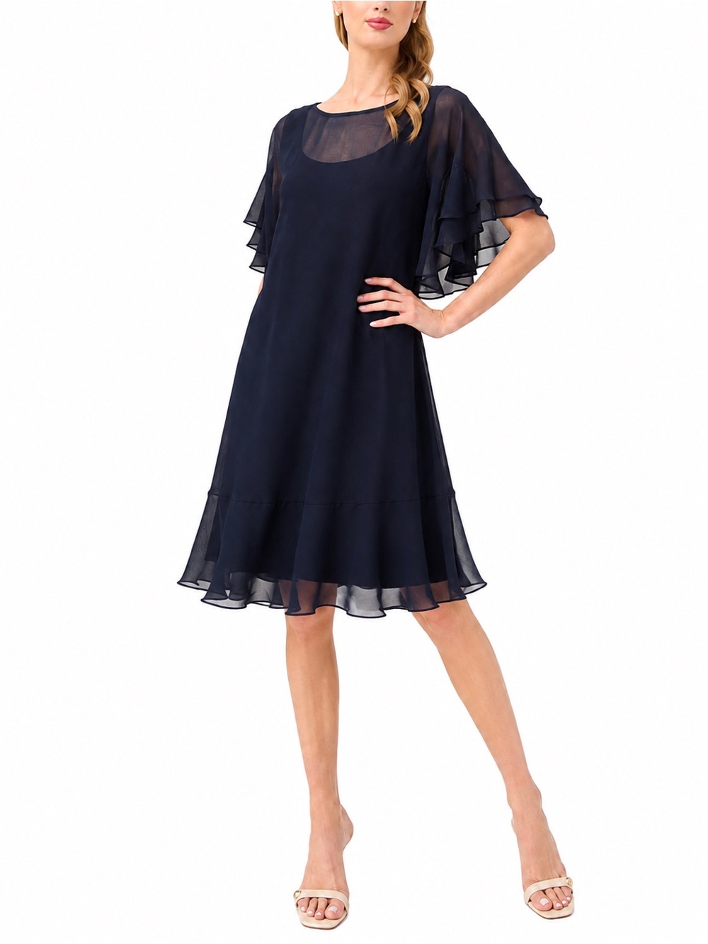LAUREN Ralph Lauren Navy Chiffon Flutter Sleeve A-Line Cocktail Dress Size 4 Y2K